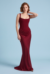 Bordeauxfarbenes Maxikleid mit eckigem Ausschnitt und Raffungen