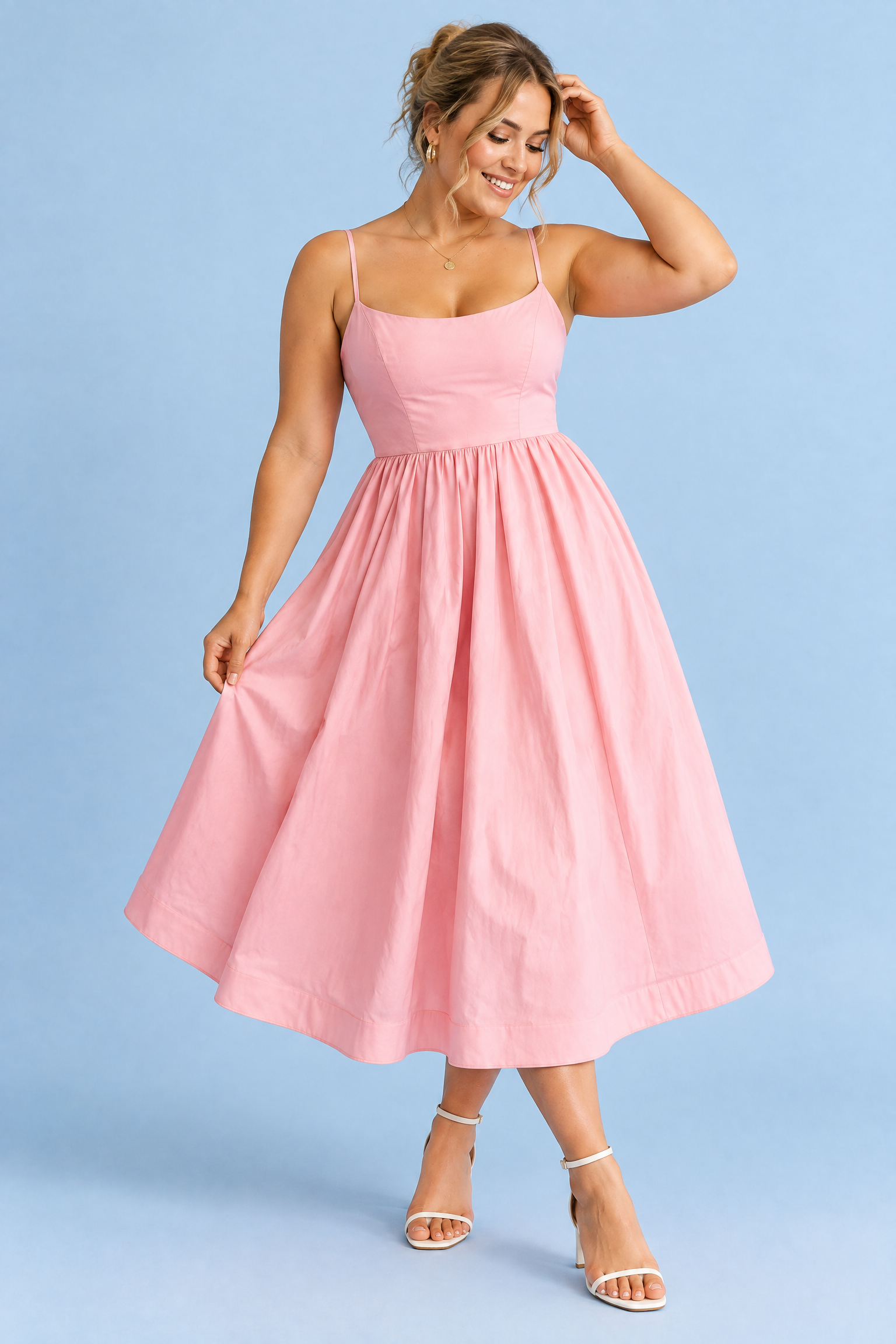 Robe midi rose plissée évasée | Porté sur une autre silhouette | Lounelle Paris