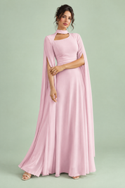 Robe longue rose à encolure carrée et manches cape | Vue de face | Lounelle Paris