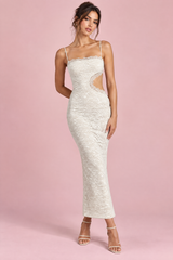 Weißes Spitzen-Maxikleid mit trägerlosem Bandeau-Ausschnitt