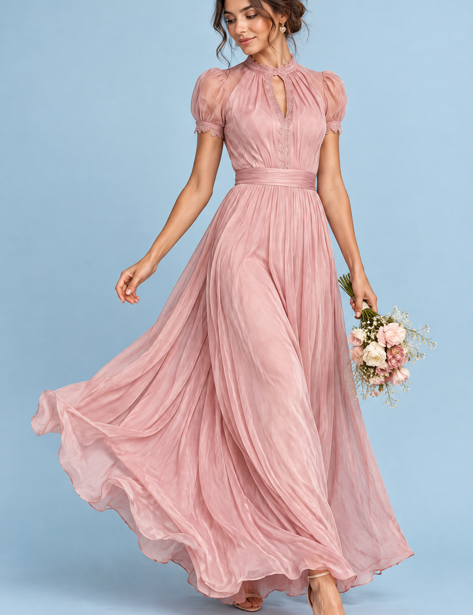 Robe longue rose à volants | Vue de face | Lounelle Paris