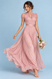 Robe longue rose à volants | Vue de face | Lounelle Paris