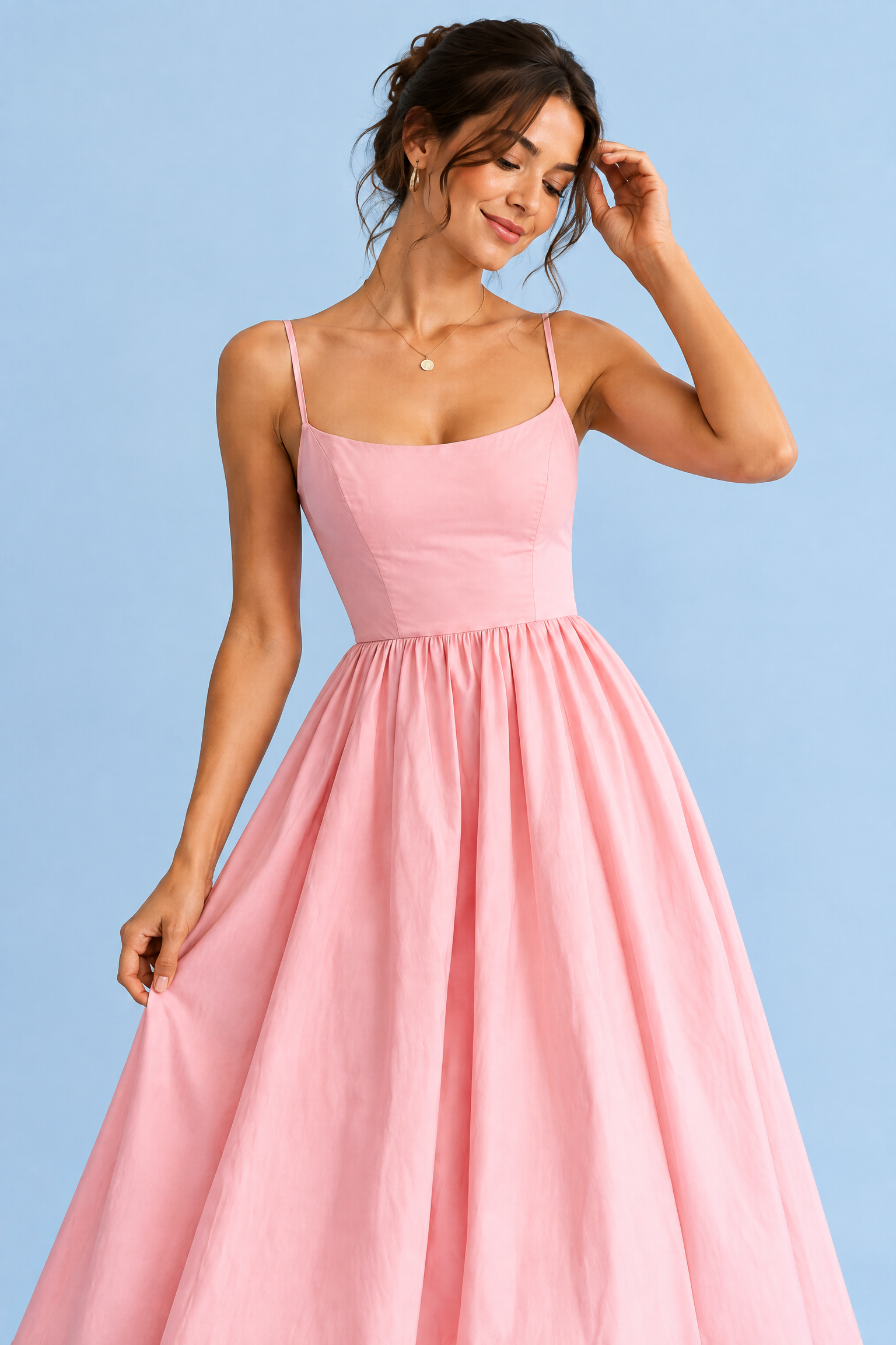 Robe midi rose plissée évasée | Vue rapprochée | Lounelle Paris