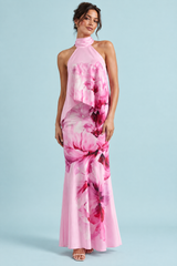 Rosa asymmetrisches Maxikleid mit Blumenprint