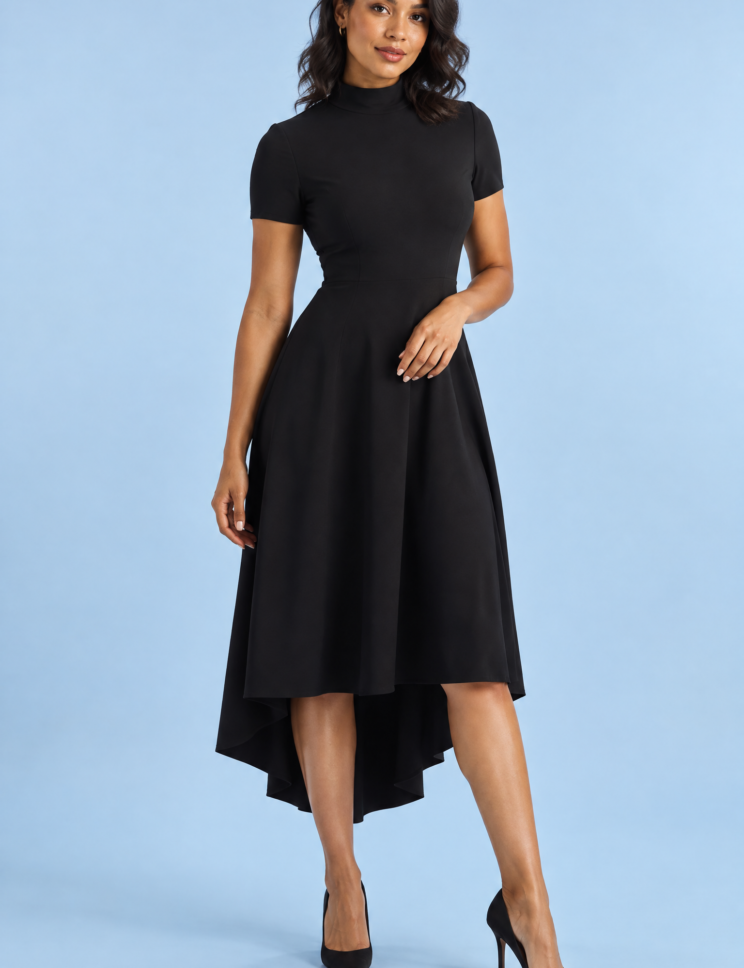 Robe midi asymétrique à col montant noire | Vue de face | Lounelle Paris