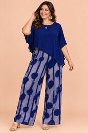 Ensemble pantalon bleu à pois | Porté sur une silhouette plus ronde | Lounelle Paris