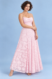 Robe longue fleurie rose à col bénitier | Porté sur une autre silhouette | Lounelle Paris