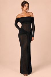 Robe longue noire en dentelle à col Bardot, avec détails froncés et lien à nouer | Vue de face | Lounelle Paris