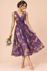 Lila Midikleid mit Blumenbouquet-Print und eckigem Ausschnitt