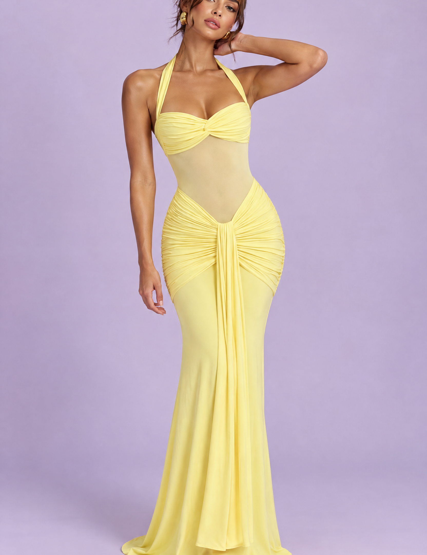 Robe longue froncée tour de cou jaune | Vue de face | Lounelle Paris