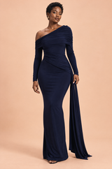 Marineblaues asymmetrisches Maxikleid mit One-Shoulder-Ausschnitt und Drapierung
