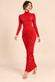 Robe longue rouge froncée à manches longues | Vue en mouvement | Lounelle Paris