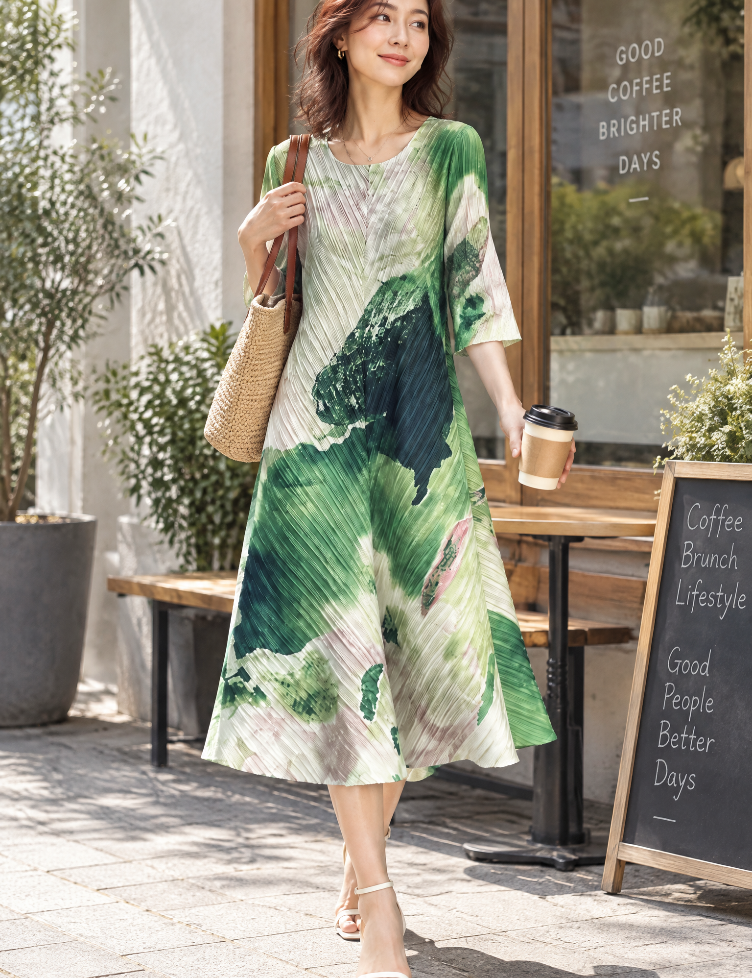 Robe midi plissée verte à imprimé abstrait | Photo lifestyle | Lounelle Paris