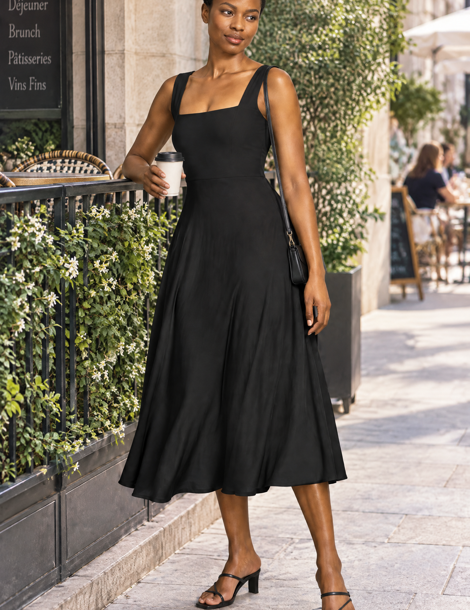 Robe midi noire à fines bretelles et jupe ample | Photo lifestyle | Lounelle Paris