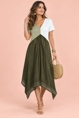 Asymmetrisches grünes Midikleid mit V-Ausschnitt