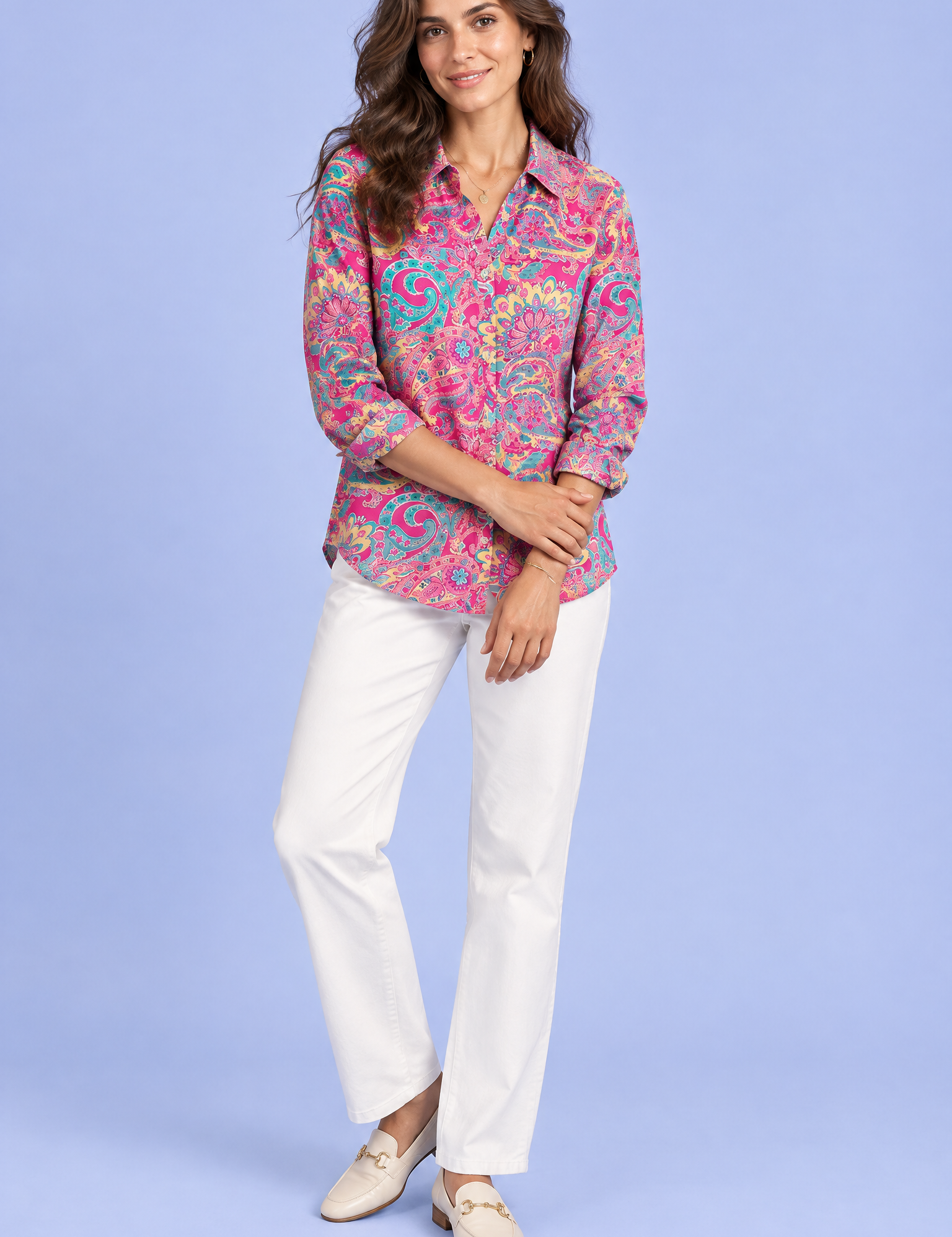 Chemise oversize rose à imprimé cachemire | Vue de face | Lounelle Paris