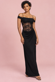 Robe longue noire en dentelle froncée | Vue de face | Lounelle Paris