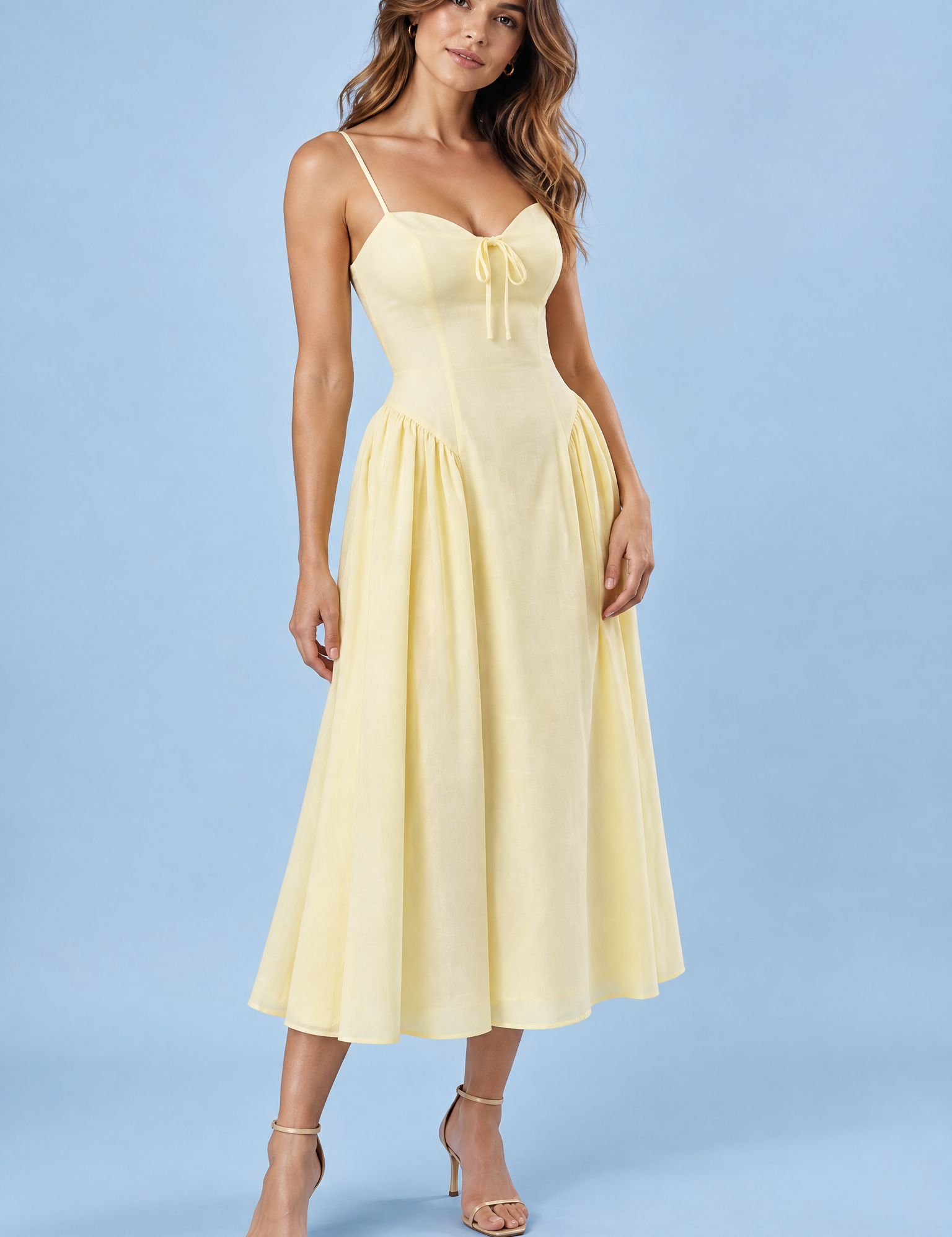 Robe midi jaune à imprimé floral, décolleté cœur et fronces | Vue de face | Lounelle Paris