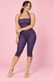 Combinaison pantalon ajustée à pois violette | Porté sur une autre silhouette | Lounelle Paris