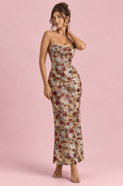 Robe longue dorée à sequins et ornements floraux, col carré | Vue de face | Lounelle Paris