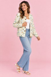 Cardigan fleuri boutonné blanc cassé | Vue de dos | Lounelle Paris