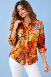 Chemise orange à imprimé floral | Vue rapprochée | Lounelle Paris