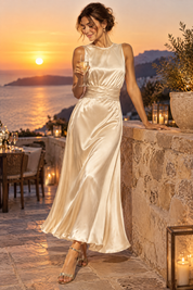 Robe longue champagne à pois froncée | Deuxième photo lifestyle | Lounelle Paris