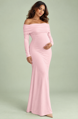 Rosa Umstands-Maxikleid aus Mesh mit Raffungen und Bardot-Ausschnitt