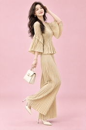 Ensemble plissé beige avec pantalon large | Vue de dos | Lounelle Paris