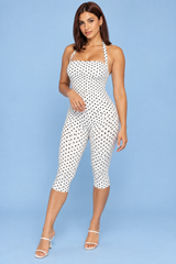 Weißer, taillierter Jumpsuit mit Punkten