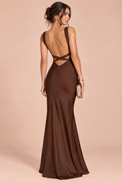 Robe longue marron dos nu à décolleté en V | Vue de dos | Lounelle Paris