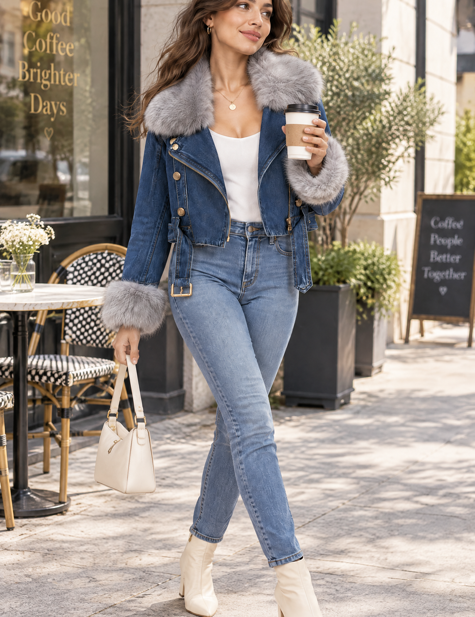 Veste motard courte cintrée à col en fourrure bleu foncé | Photo lifestyle | Lounelle Paris