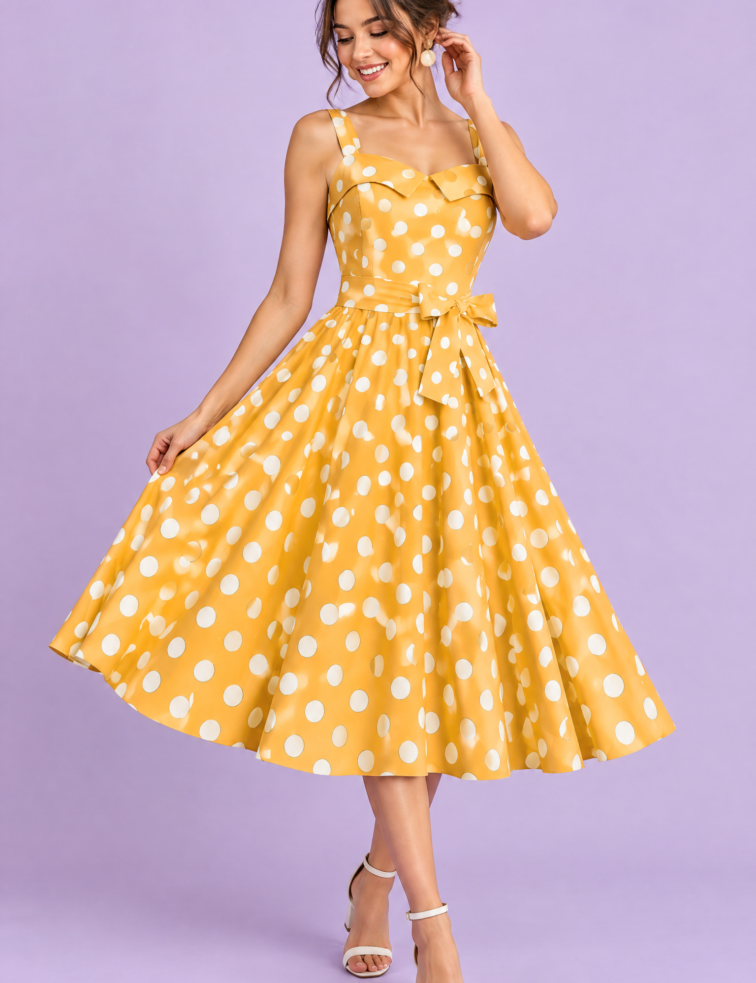 Robe midi jaune à pois et encolure carrée | Vue de face | Lounelle Paris