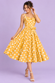 Robe midi jaune à pois et encolure carrée | Vue de face | Lounelle Paris