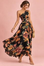 Robe noire fleurie à une épaule | Vue en mouvement | Lounelle Paris