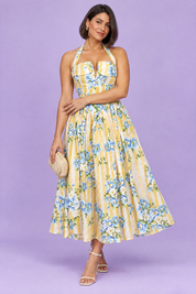 Robe longue jaune dos nu à rayures et motifs floraux | Porté sur une autre silhouette | Lounelle Paris