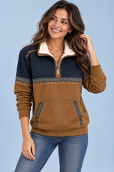 Brauner Color-Block-Pullover mit kurzem Reißverschluss