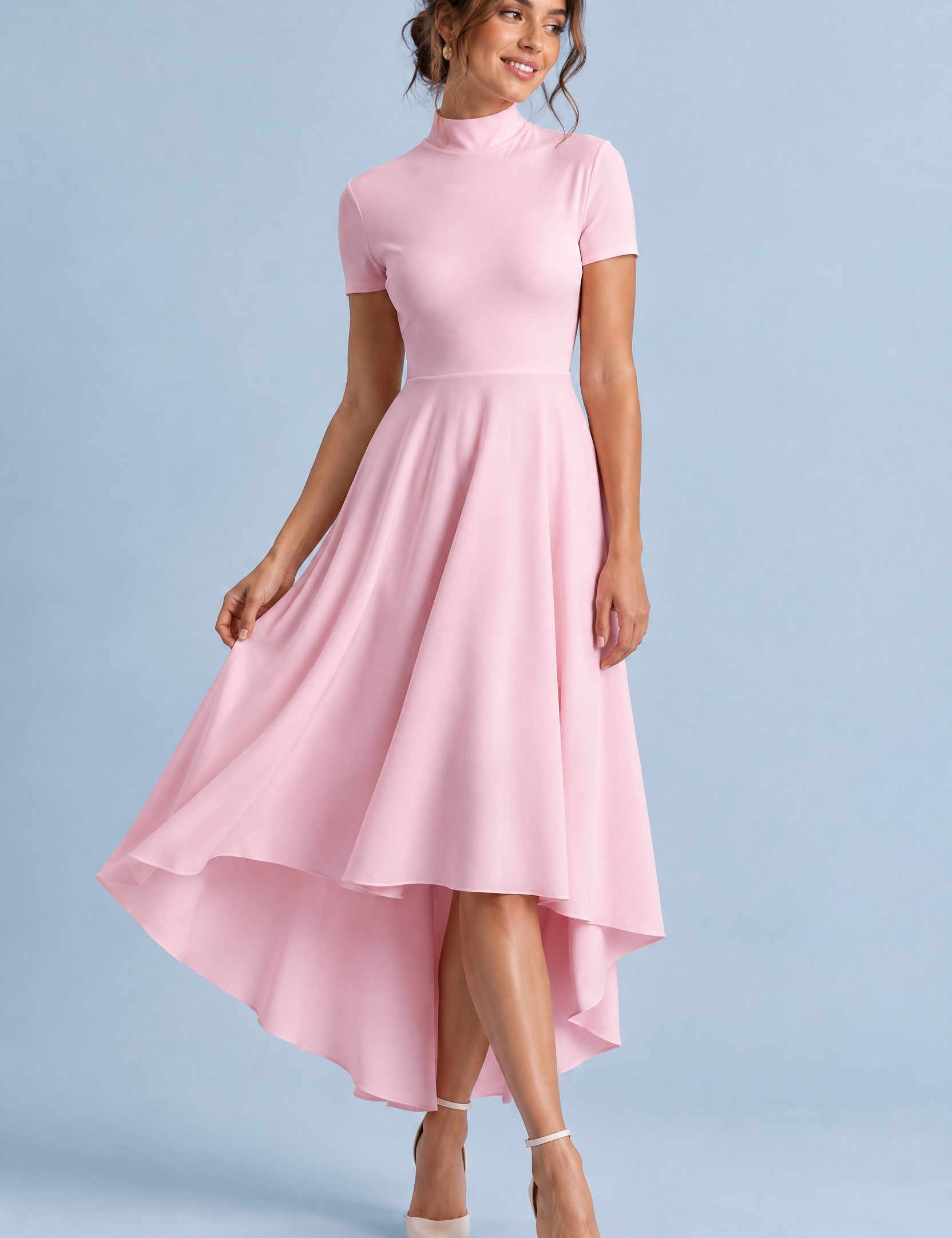 Robe midi asymétrique à col montant rose | Vue de face | Lounelle Paris