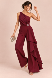 Combinaison pantalon bordeaux à encolure carrée festonnée | Vue en mouvement | Lounelle Paris