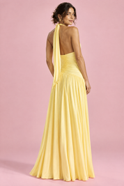 Robe longue jaune à décolleté plongeant et fronces | Vue de dos | Lounelle Paris