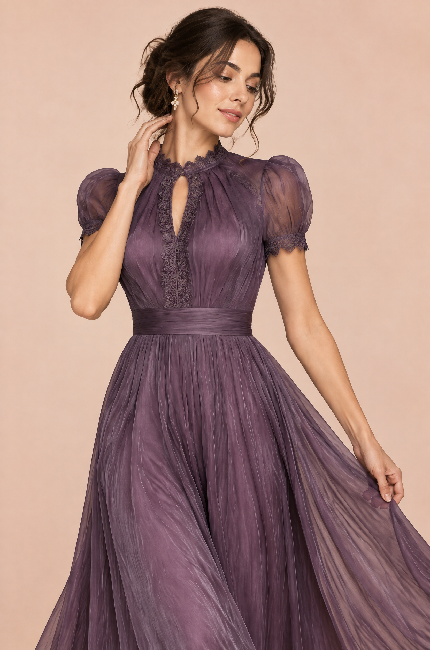 Robe longue violette à volants | Vue rapprochée | Lounelle Paris