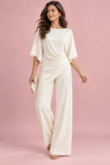 Plissiertes Hosen-Set in Offwhite mit Wickelfront und weitem Bein