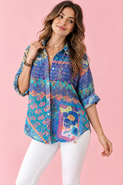 Chemise longue fleurie bleue à col | Vue rapprochée | Lounelle Paris