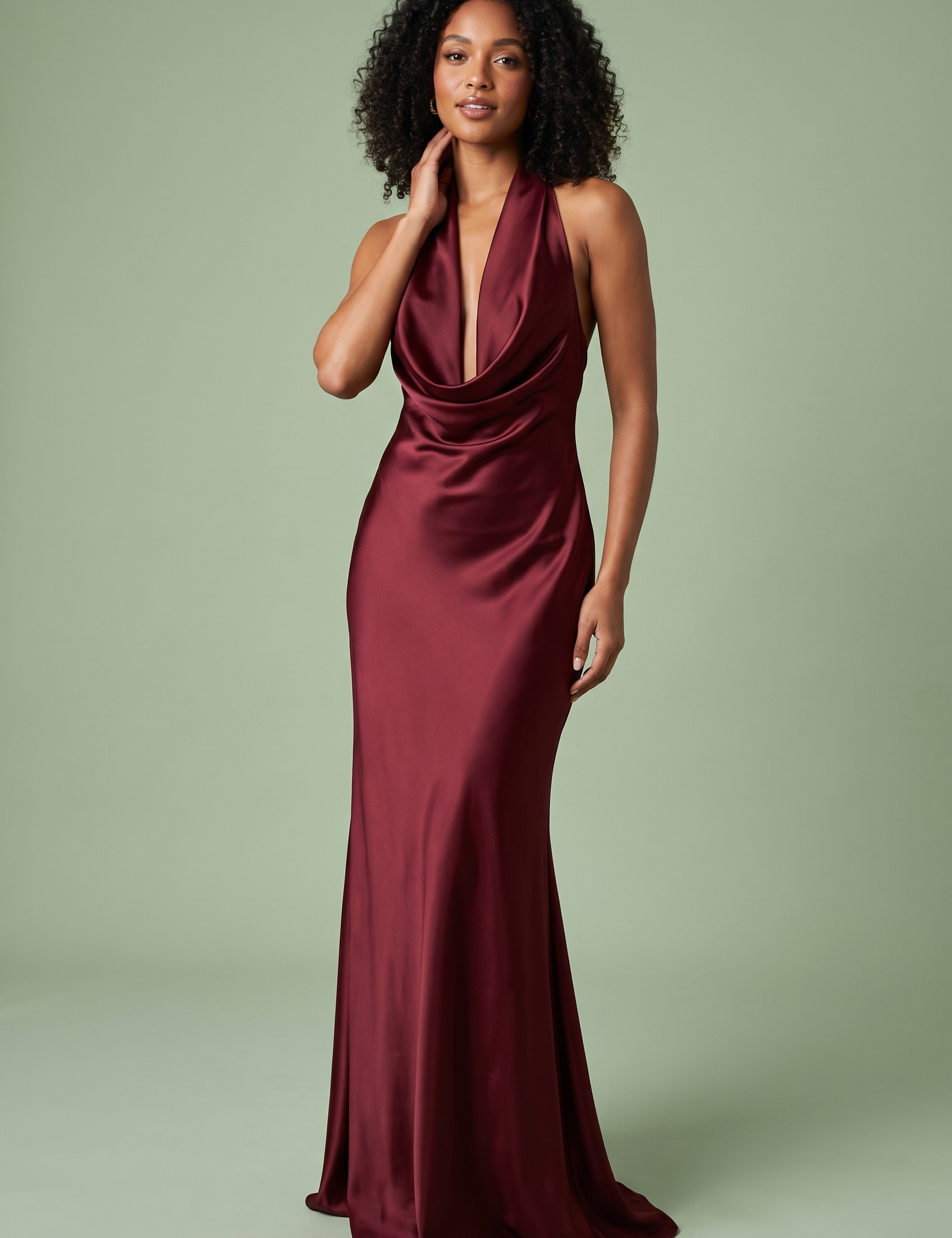 Robe longue sirène bordeaux dos nu à col bénitier | Vue de face | Lounelle Paris