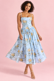 Robe longue bleue à corset | Vue en mouvement | Lounelle Paris