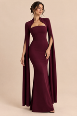 Bordeauxrotes Maxikleid mit eckigem Ausschnitt und Cape-Ärmeln