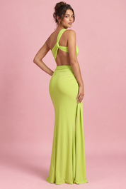 Robe longue verte asymétrique à jupe portefeuille | Vue de dos | Lounelle Paris