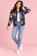 Marineblaue Bomberjacke mit Blumenmuster und taillierter Passform
