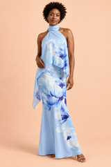 Blaues asymmetrisches Maxikleid mit Blumenprint