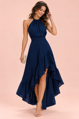 Marineblaues asymmetrisches Neckholderkleid mit Rüschen